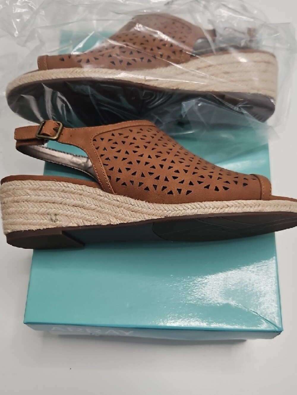Array Tan Perforated Espadrille Wedge Sandals - Picture 3 of 5